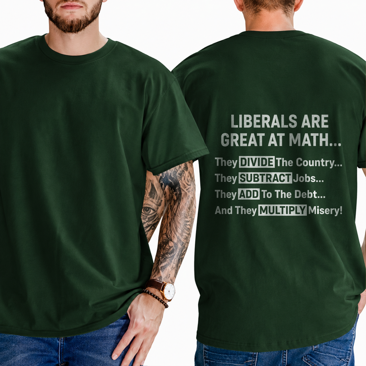 "Liberals Are Great At Math...  They Divide The Country... They Subtract Jobs... They Add To The Debt... And They Multiply Misery!" T-Shirt