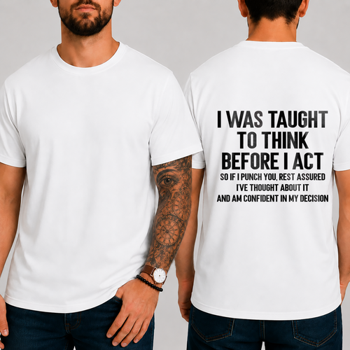 "I WAS TAUGHT TO THINK BEFORE I ACT  SO IF I PUNCH YOU, REST ASSURED I'VE THOUGHT ABOUT IT AND AM CONFIDENT IN MY DECISION" T-Shirt