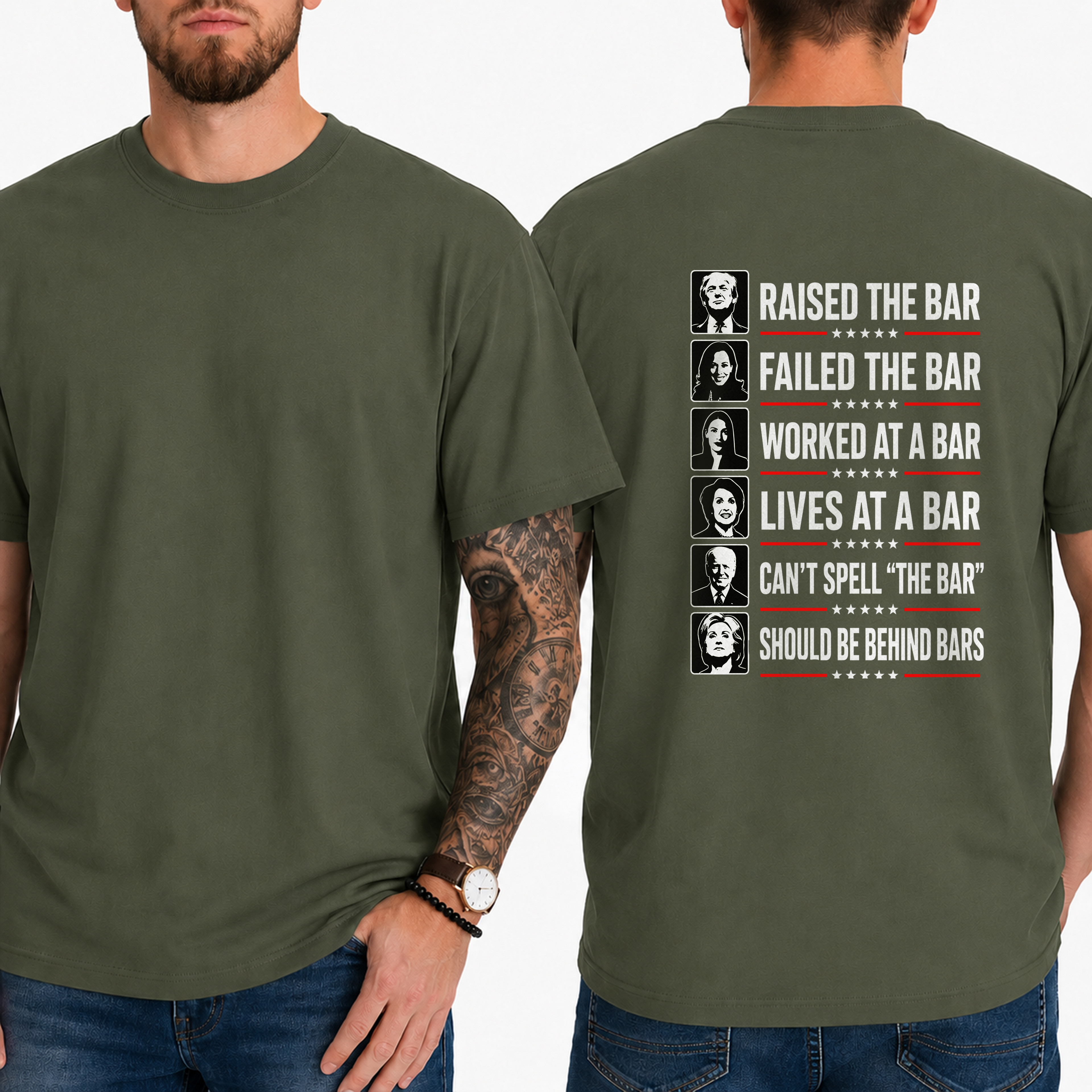 "Raised The Bar  Failed The Bar  Worked At A Bar  Lives At A Bar  Can't Spell "The Bar"  Should Be Behind Bars" T-Shirt
