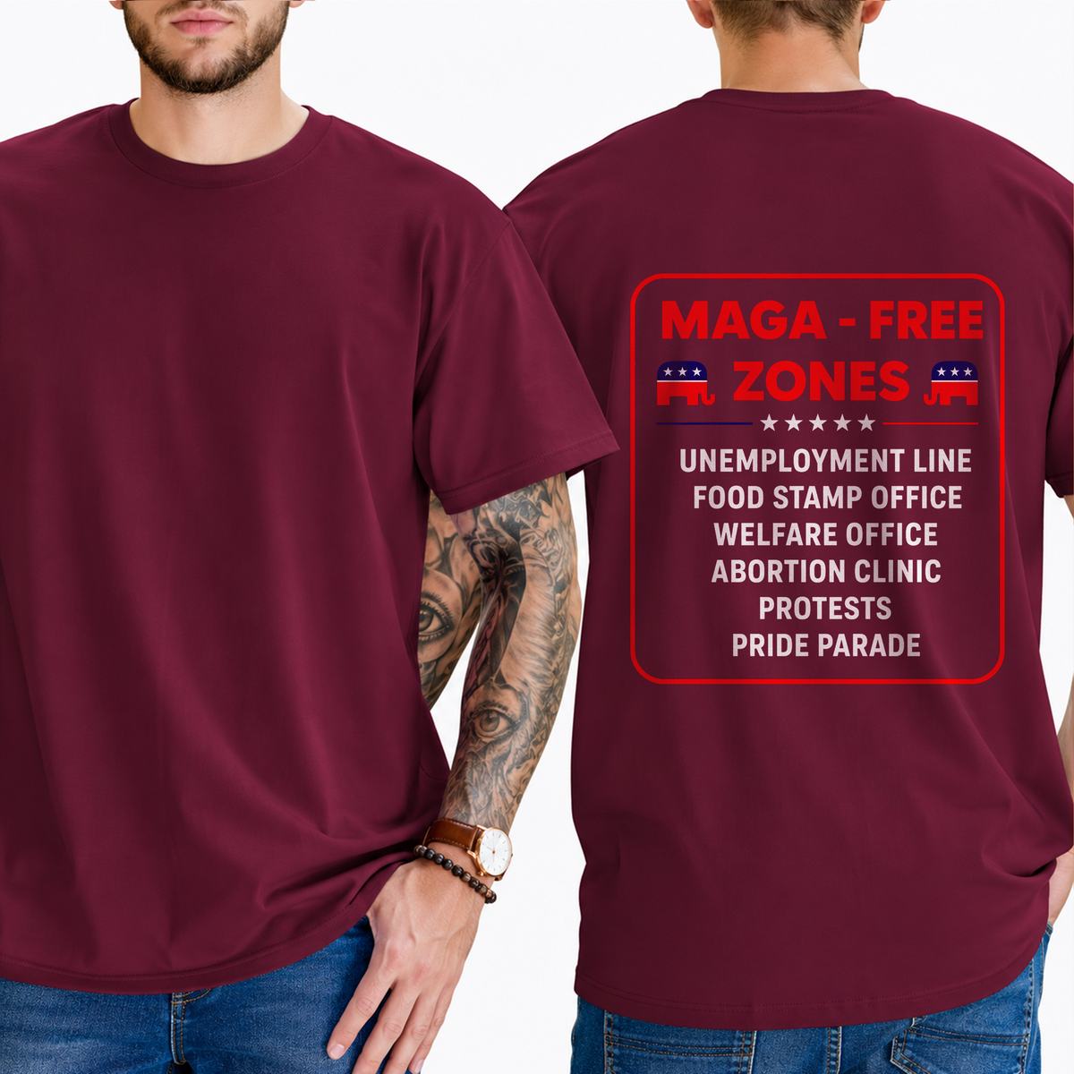 "Maga - Free Zones  Unemployment Line Food Stamp Office Welfare Office Abortion Clinic Protests Pride Parade" T-Shirt