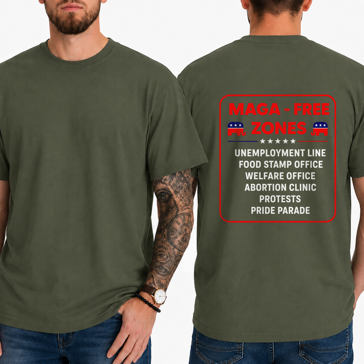 "Maga - Free Zones  Unemployment Line Food Stamp Office Welfare Office Abortion Clinic Protests Pride Parade" T-Shirt