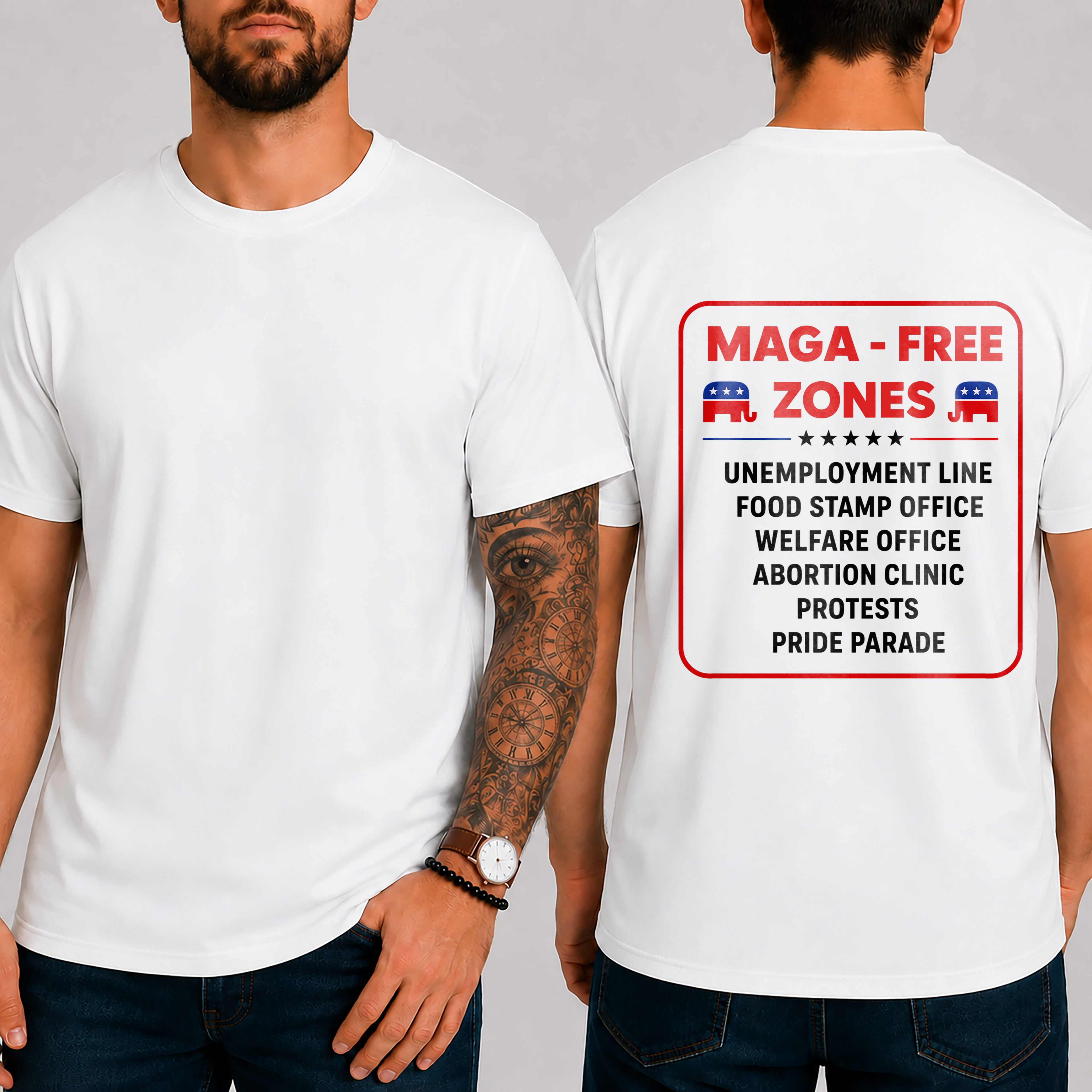"Maga - Free Zones  Unemployment Line Food Stamp Office Welfare Office Abortion Clinic Protests Pride Parade" T-Shirt