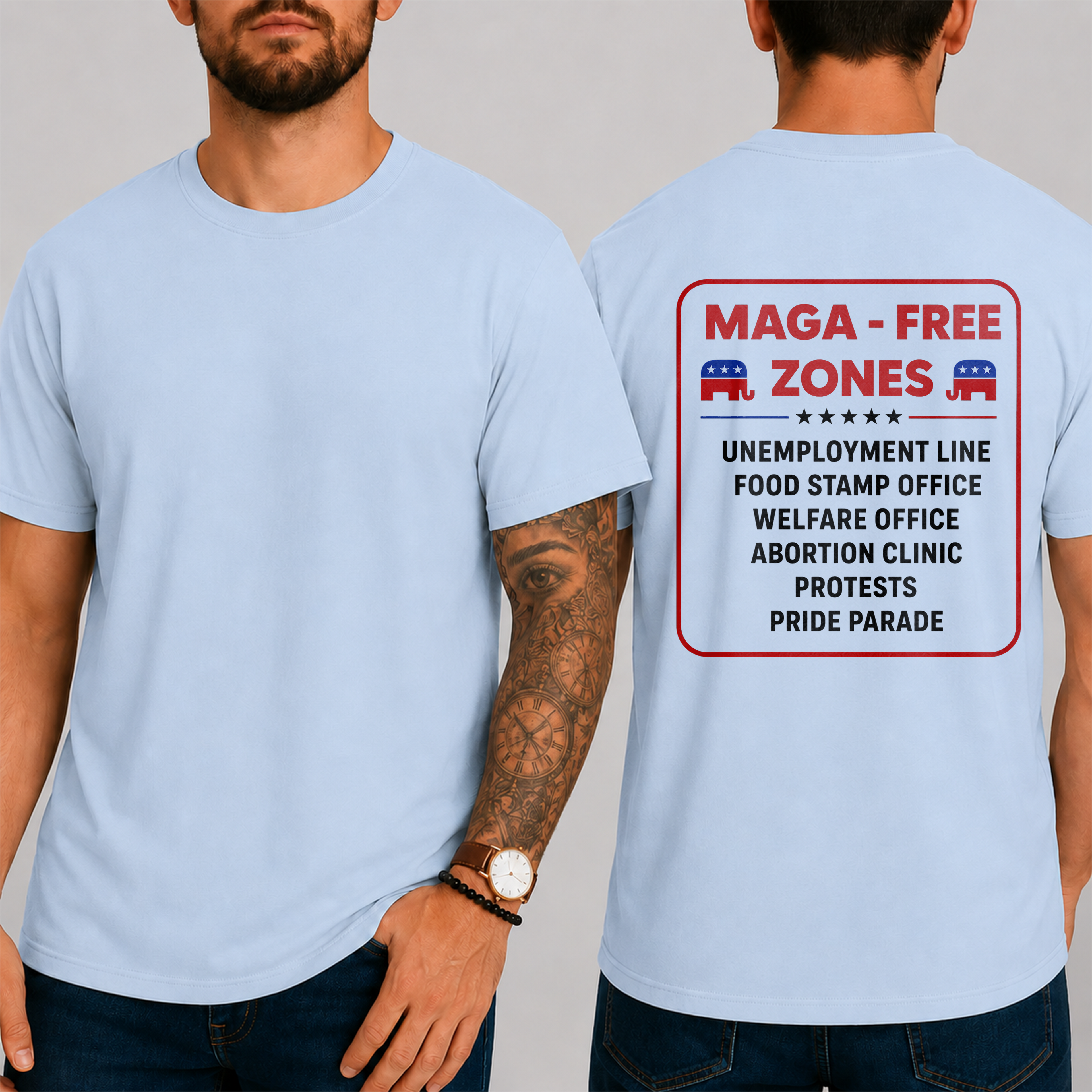 "Maga - Free Zones  Unemployment Line Food Stamp Office Welfare Office Abortion Clinic Protests Pride Parade" T-Shirt