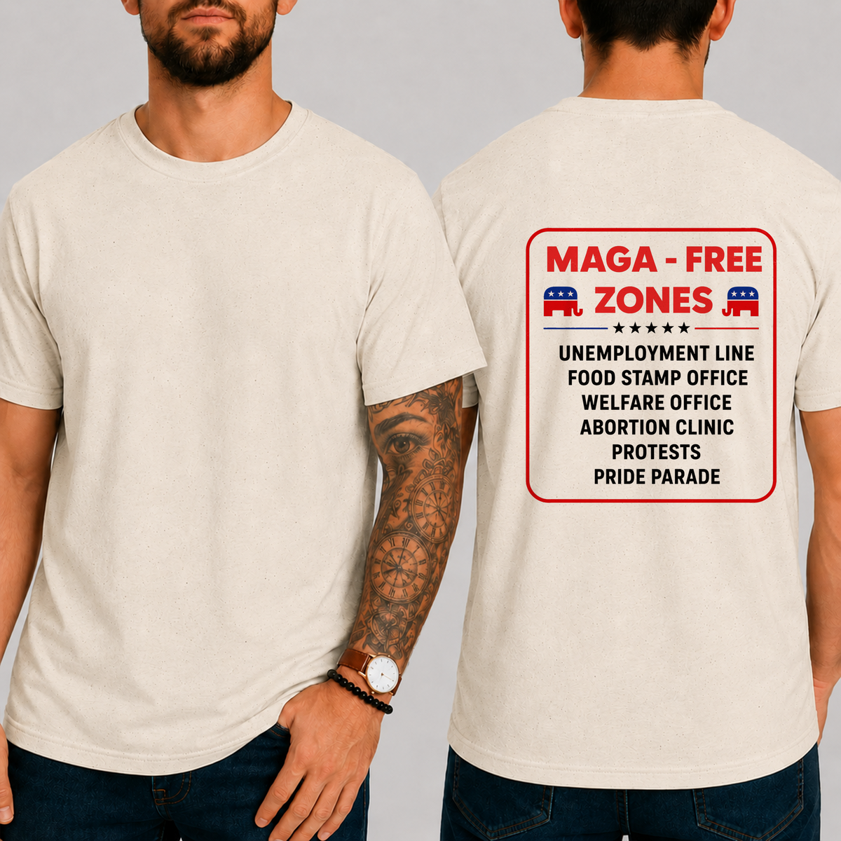 "Maga - Free Zones  Unemployment Line Food Stamp Office Welfare Office Abortion Clinic Protests Pride Parade" T-Shirt