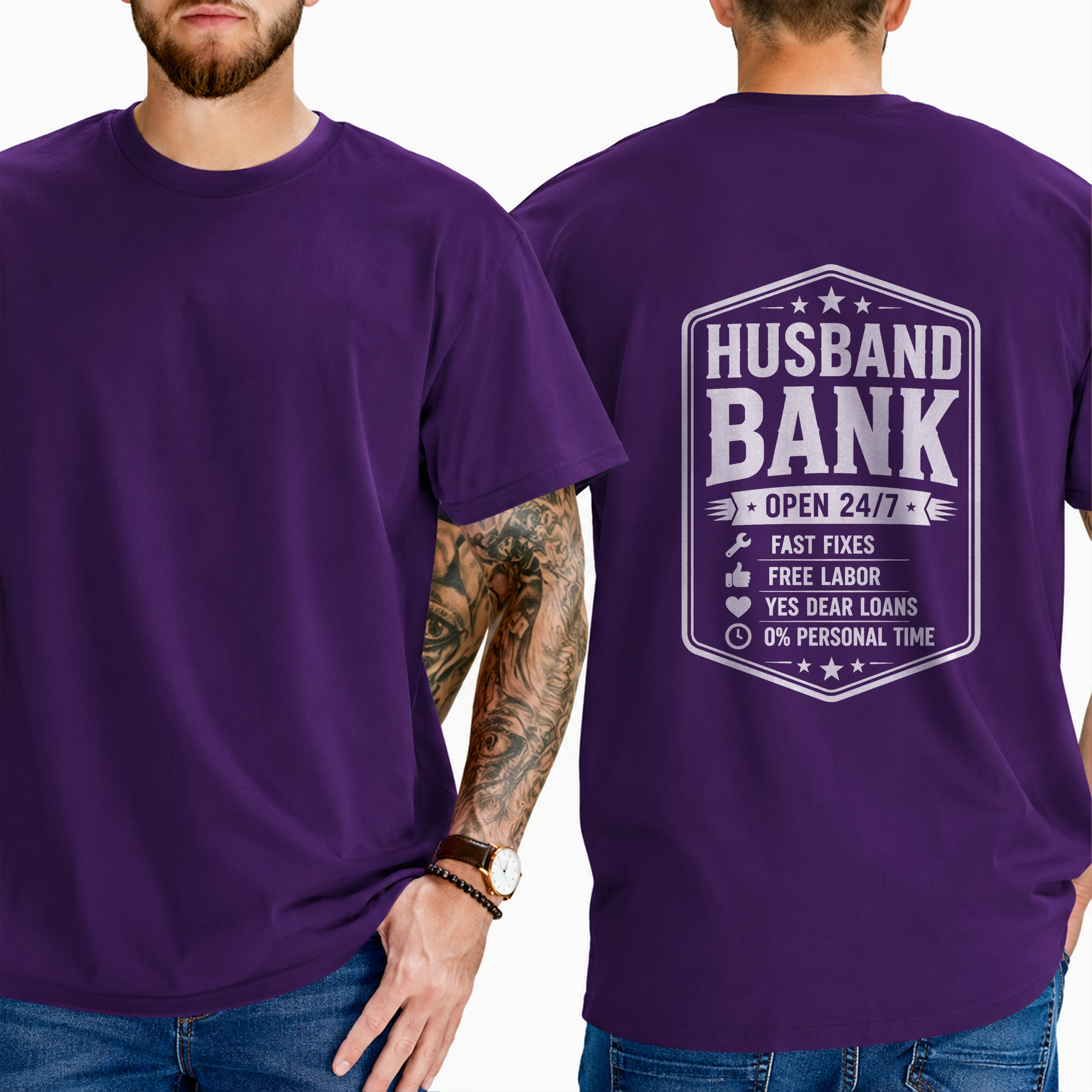 "Husband Bank Open 24/7 Fast Fixes Free Labor Yes Dear Loans 0% Personal Time" T-Shirt