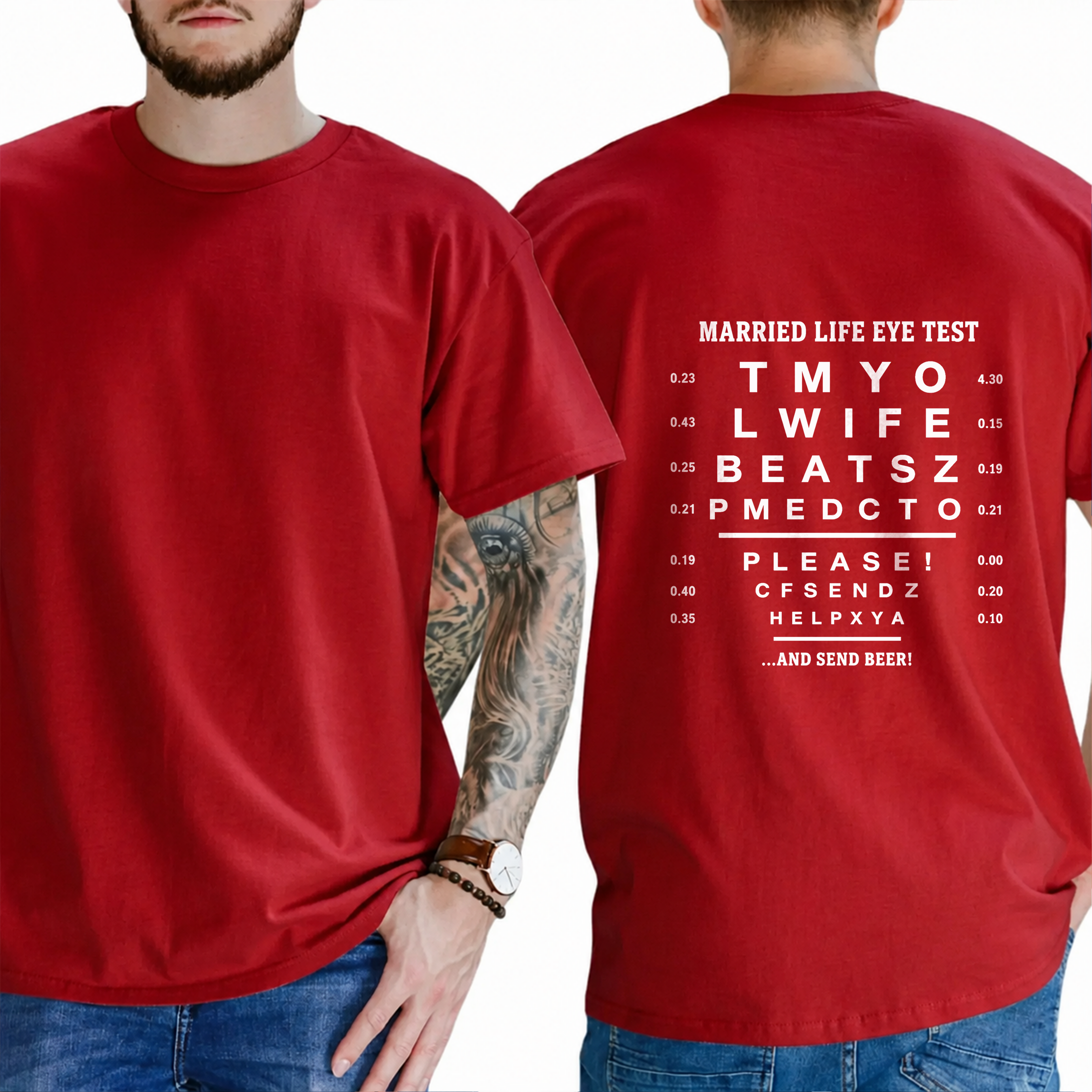 “Married Life Eye Test” → “My Wife Beats Me, Please Send Help … And Send Beer!” T-Shirt