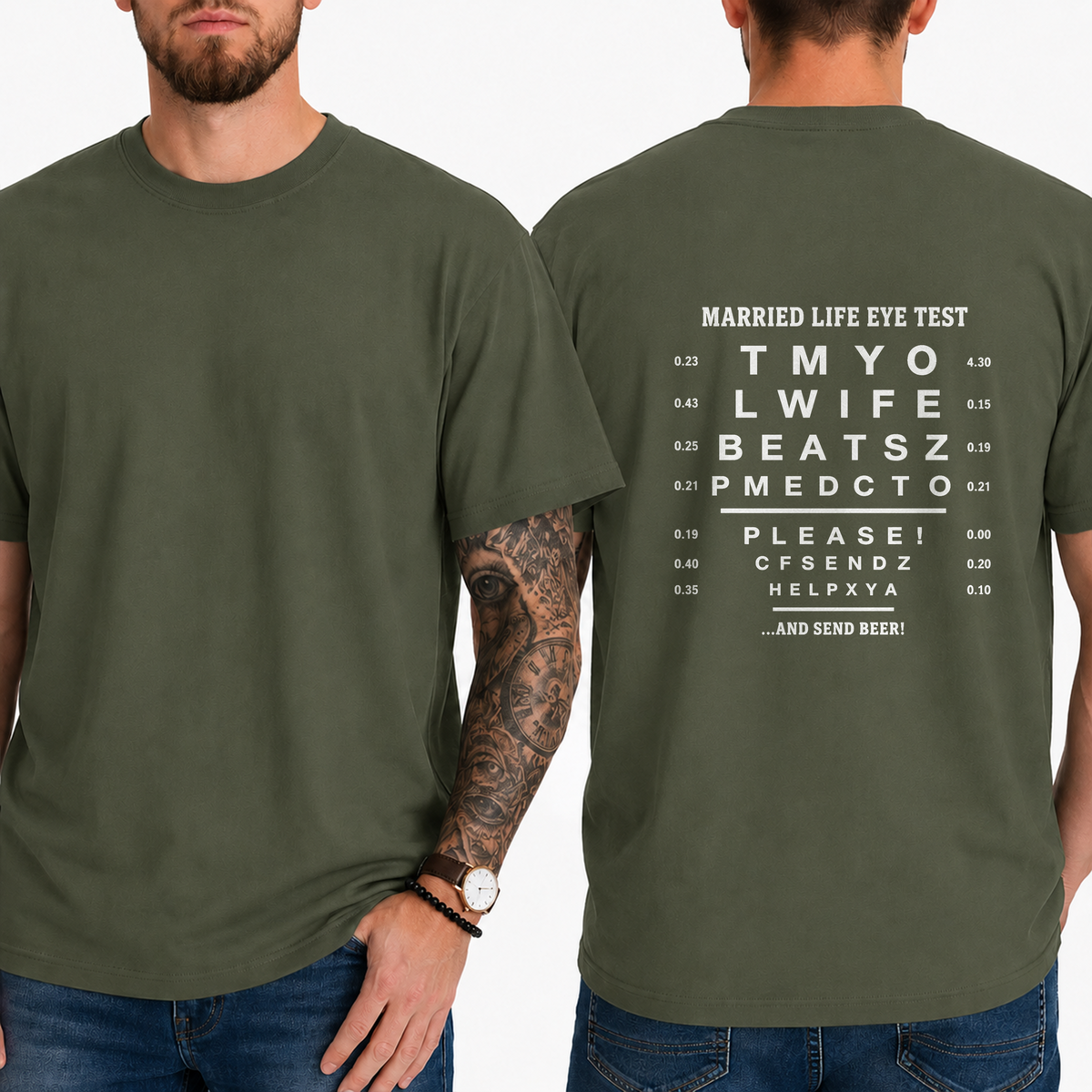 “Married Life Eye Test” → “My Wife Beats Me, Please Send Help … And Send Beer!” T-Shirt