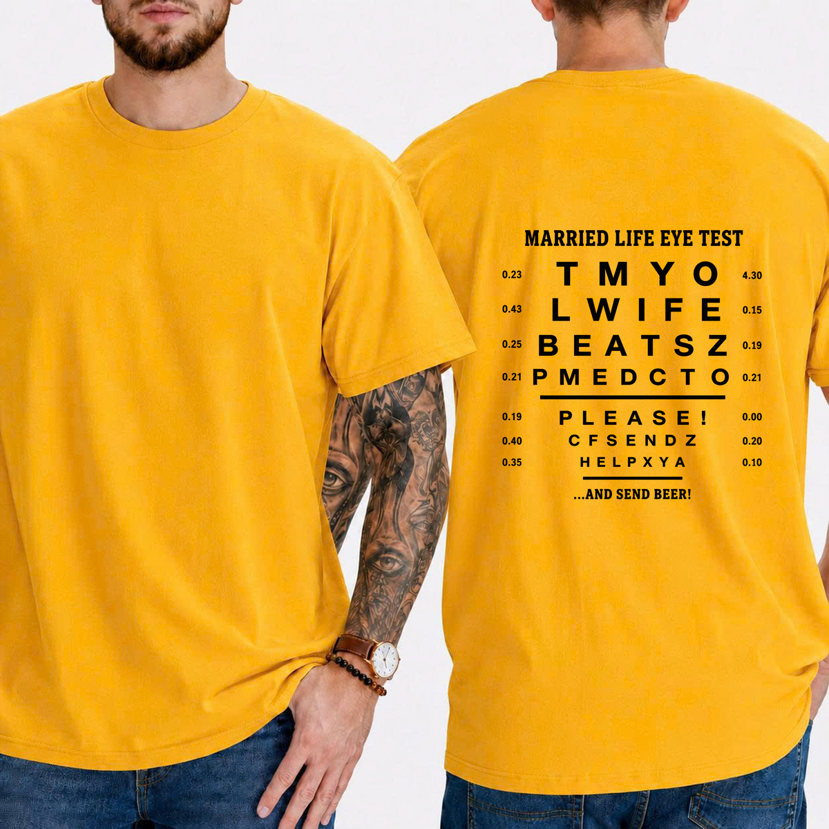“Married Life Eye Test” → “My Wife Beats Me, Please Send Help … And Send Beer!” T-Shirt