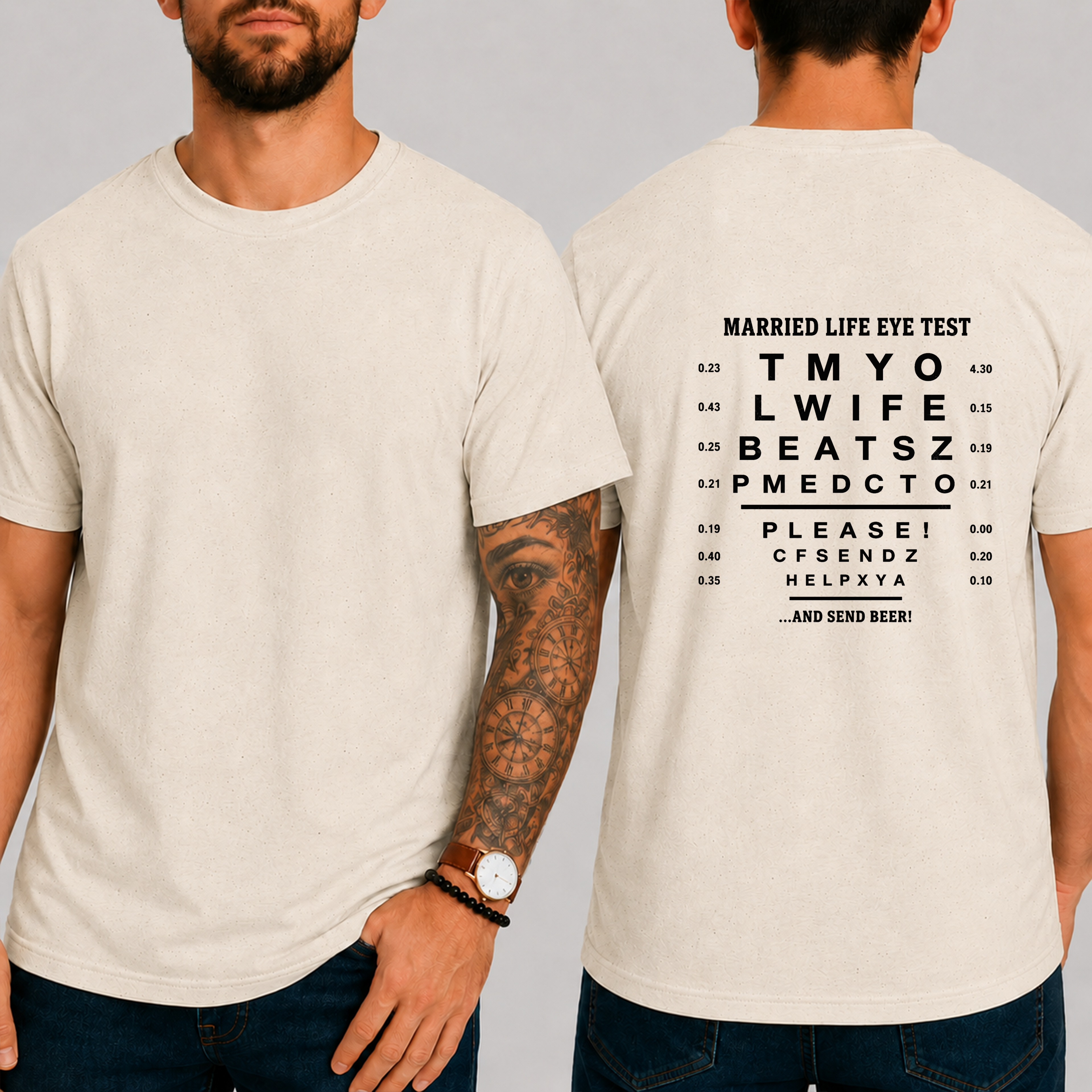“Married Life Eye Test” → “My Wife Beats Me, Please Send Help … And Send Beer!” T-Shirt